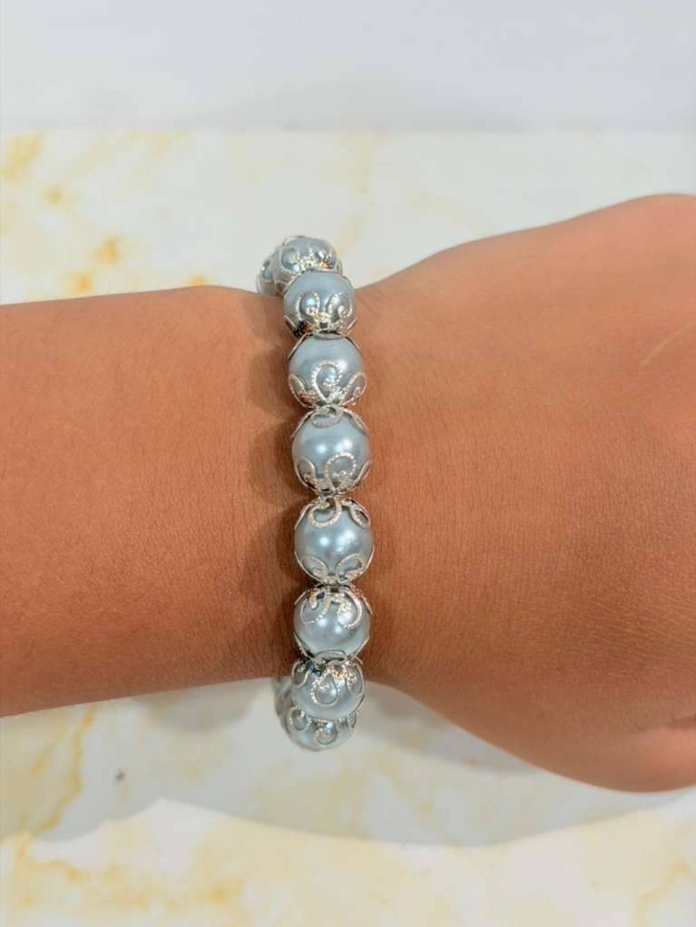 Elegant light grey Pearl & Silver Filigree Bracelet - Women Jewelry- STACKABLE
